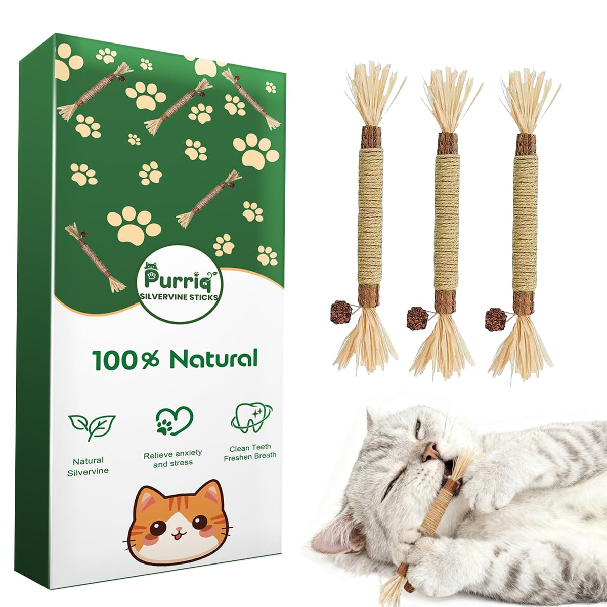 Purriq vid de plata natural para gatos: limpieza dental suave mientras juegan