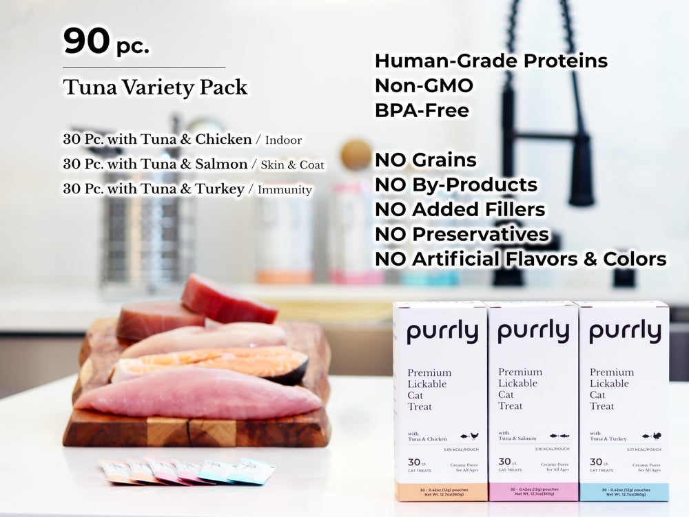 Purrly empaque de snack para gato, muestra ingredientes limpios y transparencia de la fórmula.