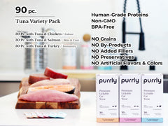 Purrly empaque de snack para gato, muestra ingredientes limpios y transparencia de la fórmula.