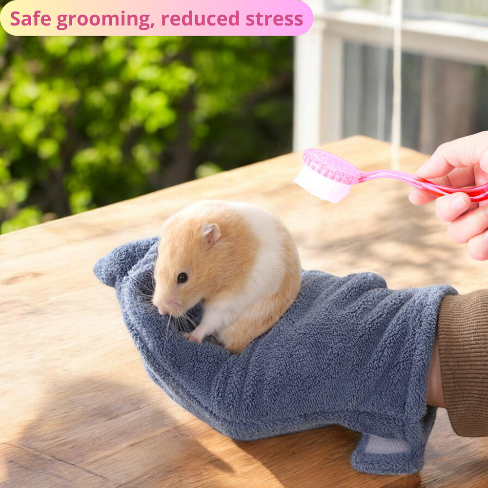 Interacción calmante PurrrfectionPet para hamster durante el cuidado diario.