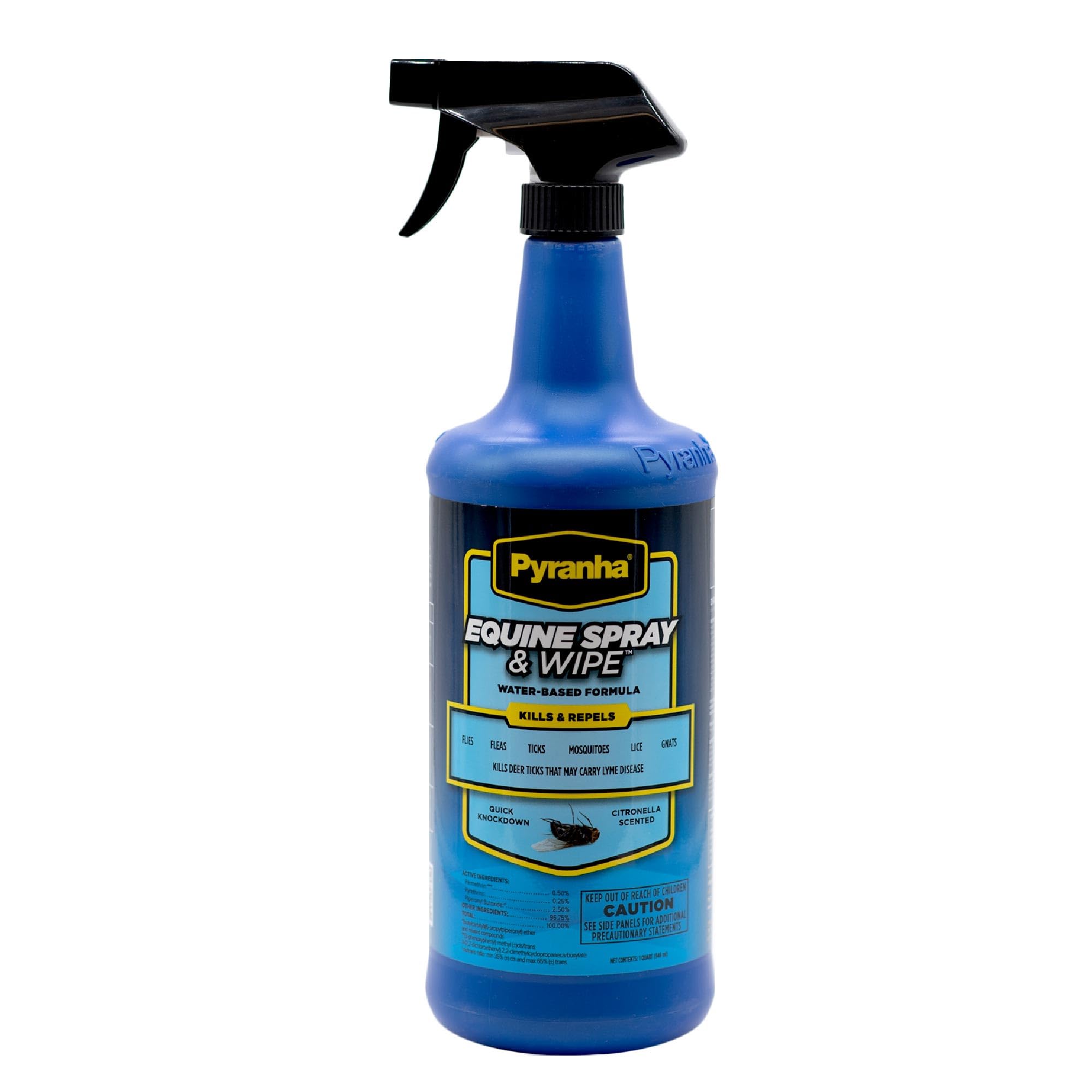 Pyranha Equina Aerosol: botella visible, repelente eficaz para caballos en establo.