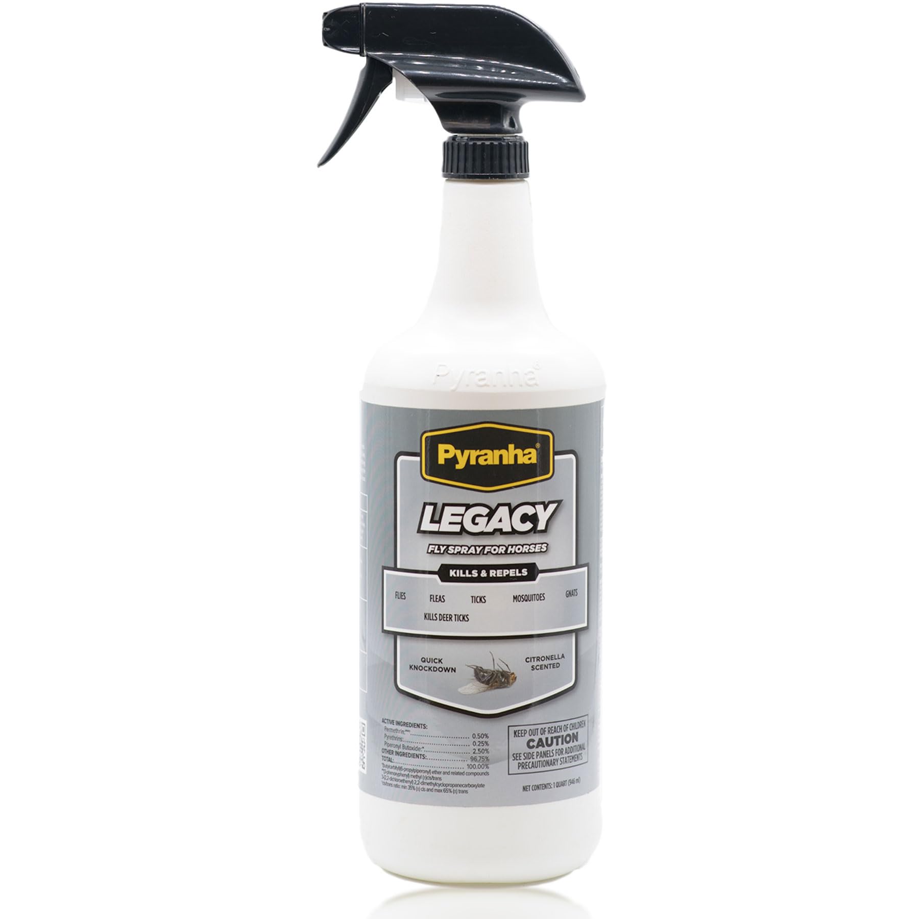 Pyranha Legacy, botella-1qt, protege contra moscas durante entrenamientos.