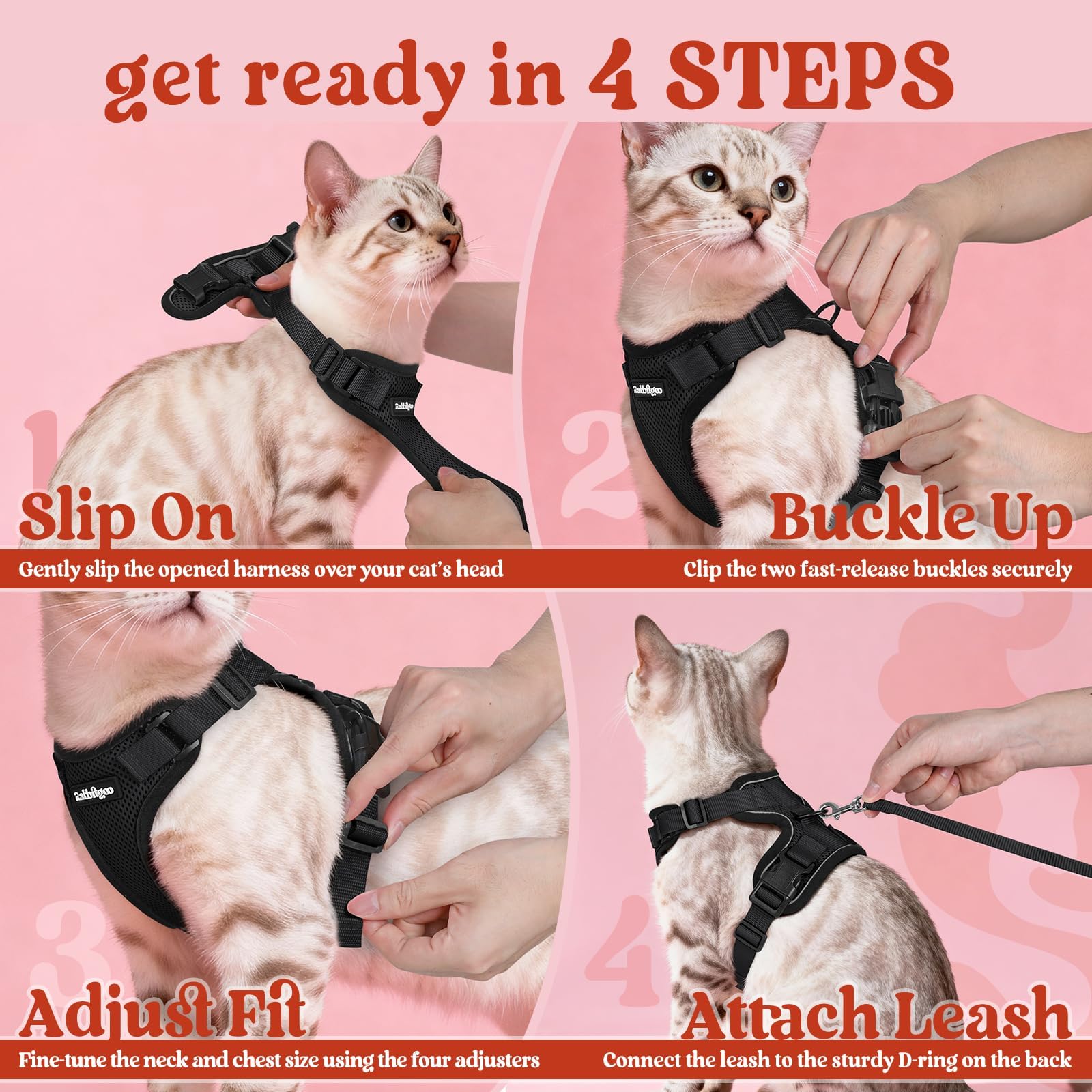 rabbitgoo arnés-gato-ajuste-cuatro-correas ajusta perfectamente para confort prolongado.