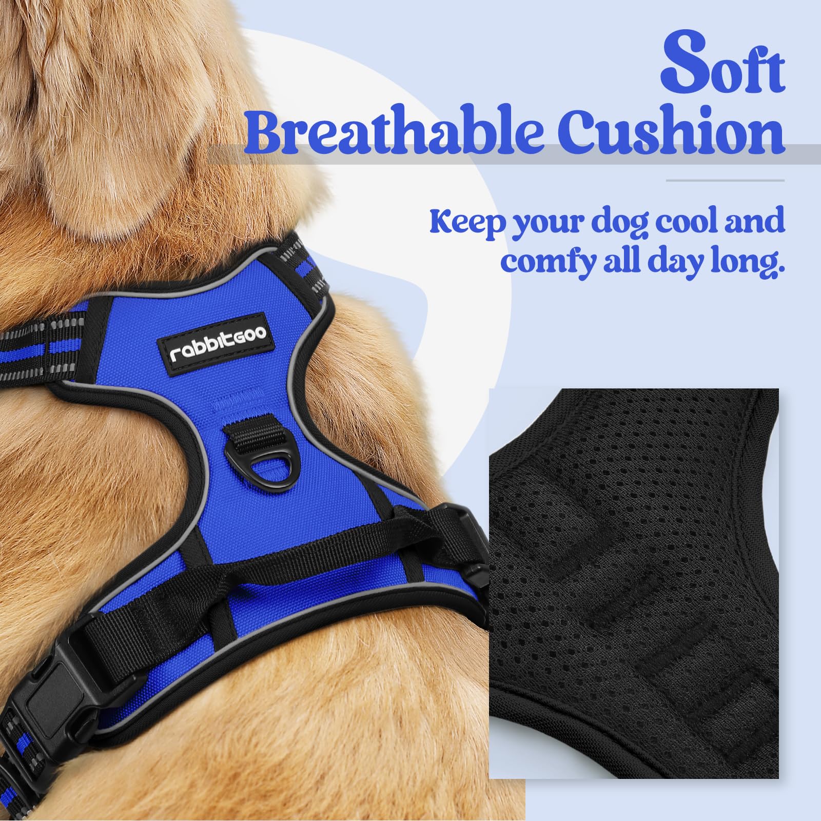 Arnés acolchado Rabbitgoo azul con padding suave para mayor comodidad.