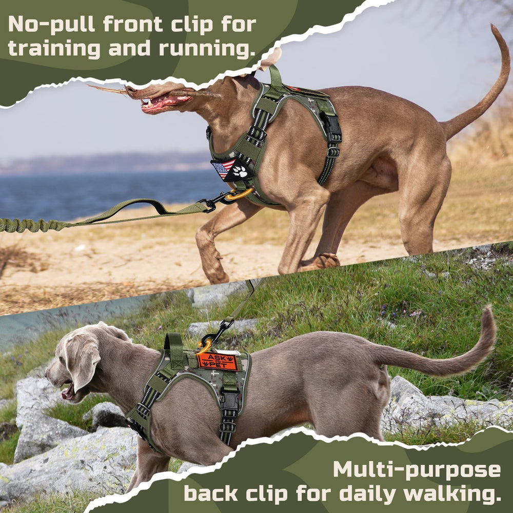 Arnés rabbitgoo camuflaje verde para perros grandes, ideal para senderismo y excursiones.