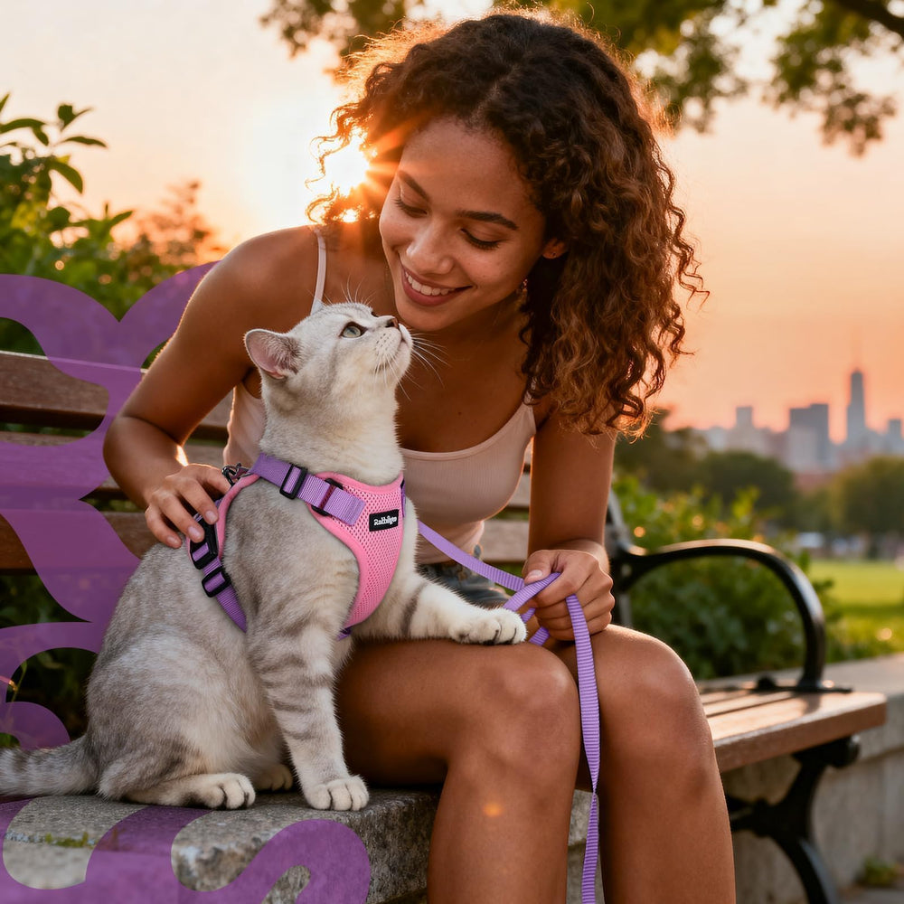 Conjunto Rabbitgoo arnés y correa para gato, ideal para interiores y paseos.