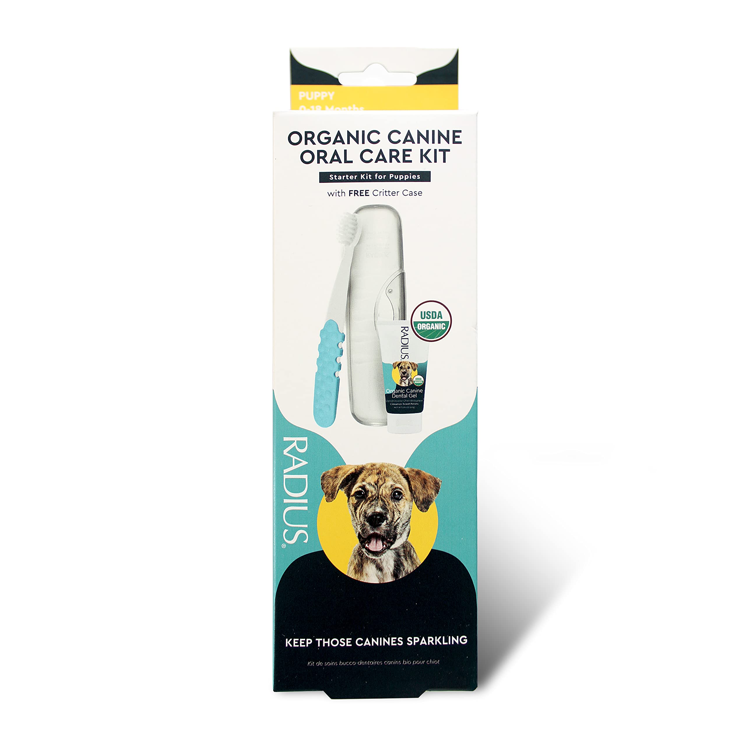 Cepillo dental RADIUS para cachorros con cerdas suaves para higiene bucal.