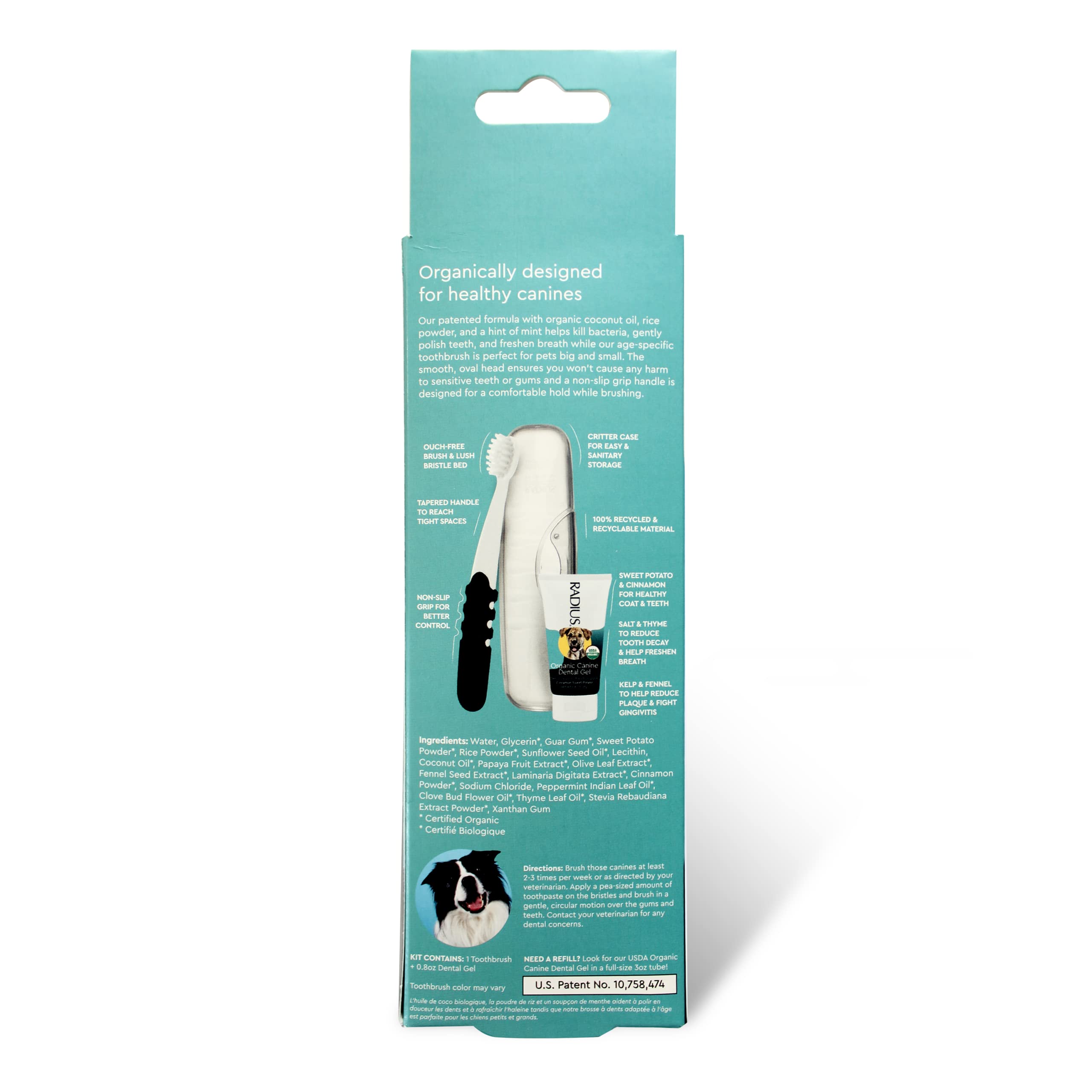 RADIUS perro feliz: sonrisa saludable tras cepillado suave.