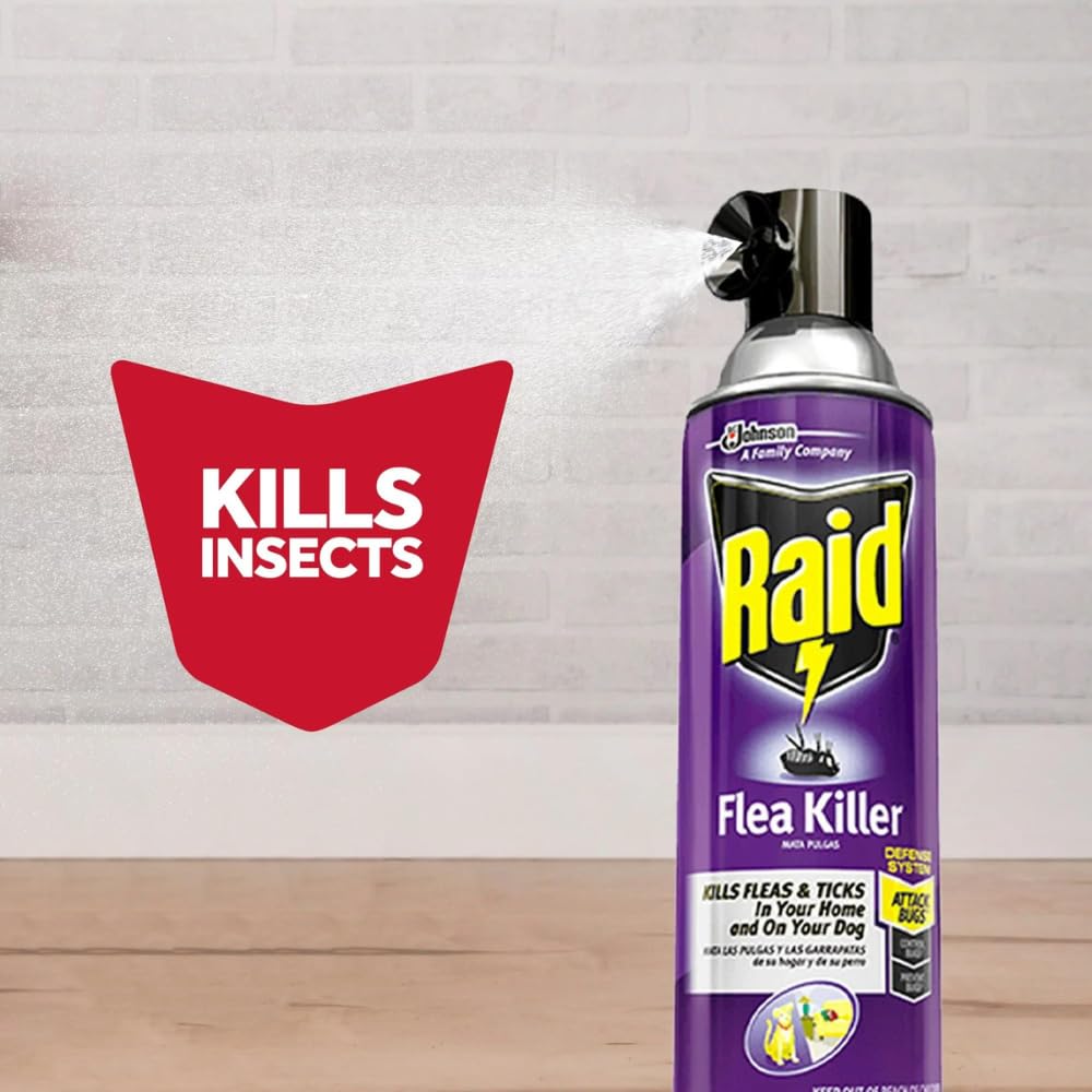 Raid Eliminador de Pulgas, fórmula no manchante para uso en telas del hogar.