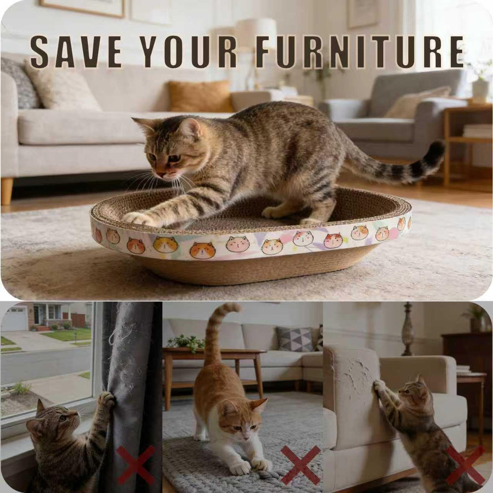 Rascador-gatos-carton-oval de cartón de alta densidad, mayor durabilidad para uso prolongado.
