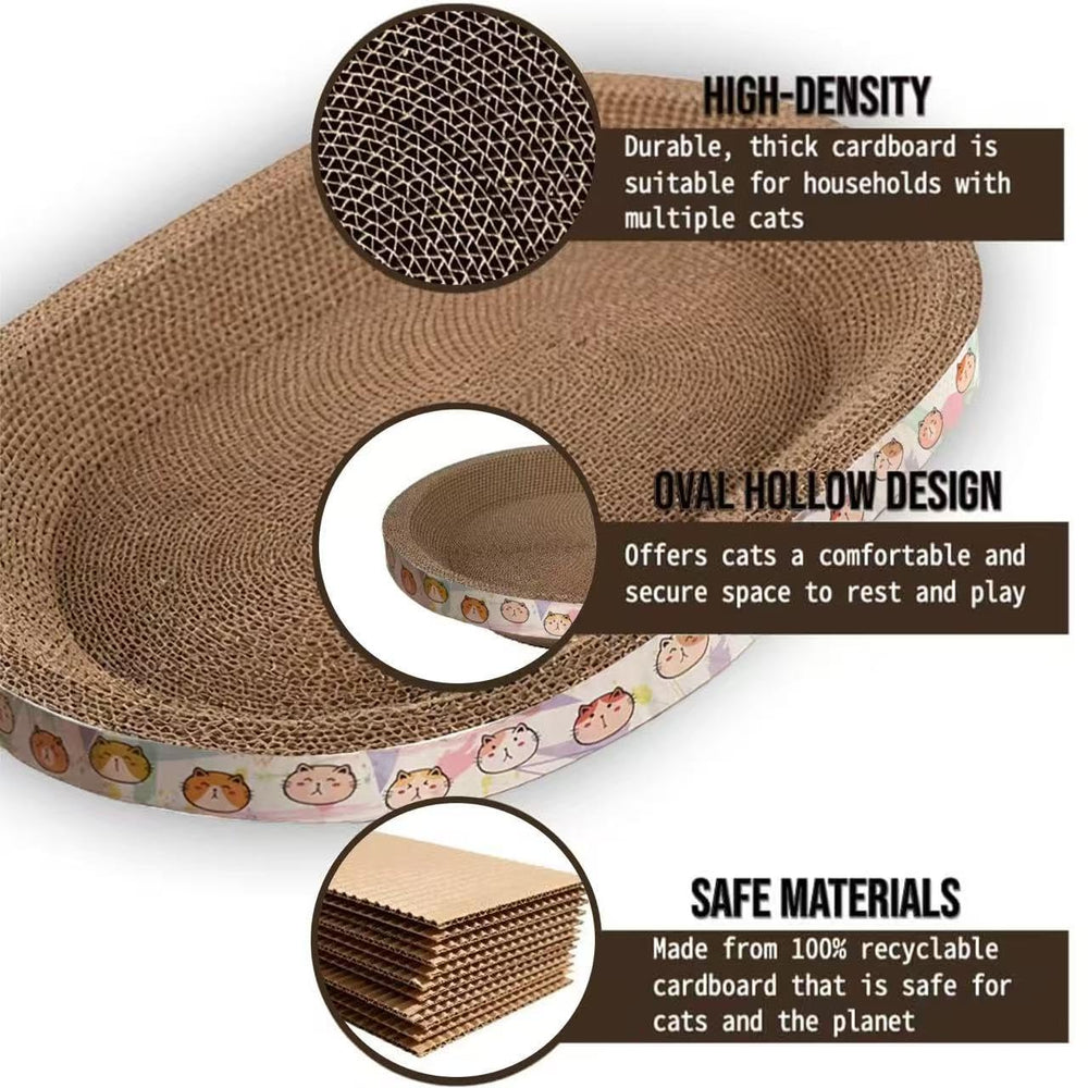 Rascador-gatos-carton-oval con textura de borde, araña suavemente y cuida las uñas.