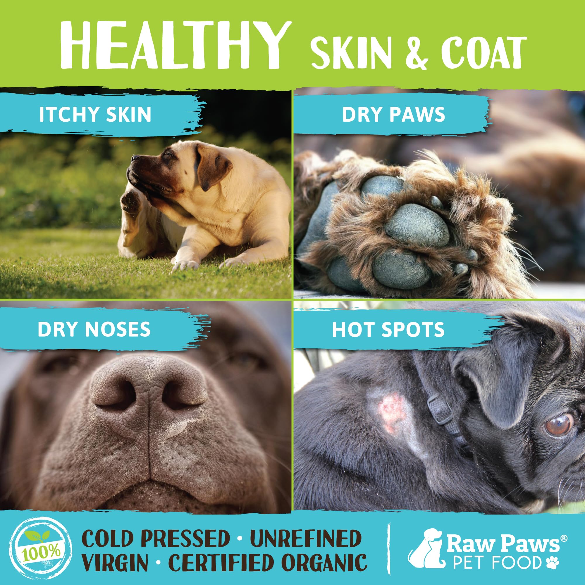 Raw Paws Aceite de coco orgánico virgen para hidratación de piel de perros y gatos