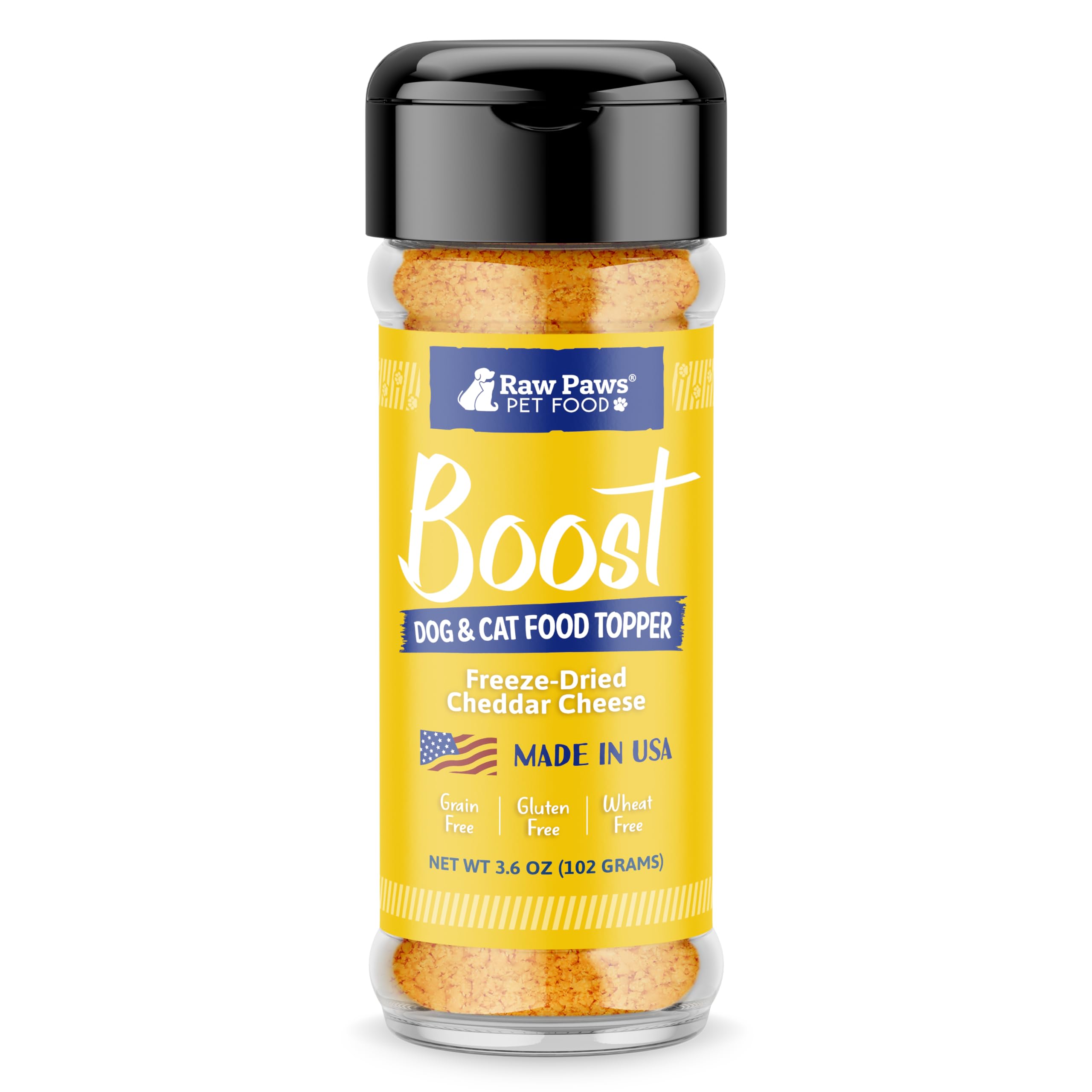 Raw Paws Boost, topper de queso seco espolvoreado sobre croquetas para perros