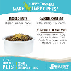 Calabaza orgánica Raw Paws en sobre, práctico para porciones rápidas.