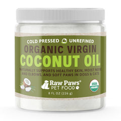 Raw Paws Virgin Organic Coconut Oil bottle for daily skin and coat care.