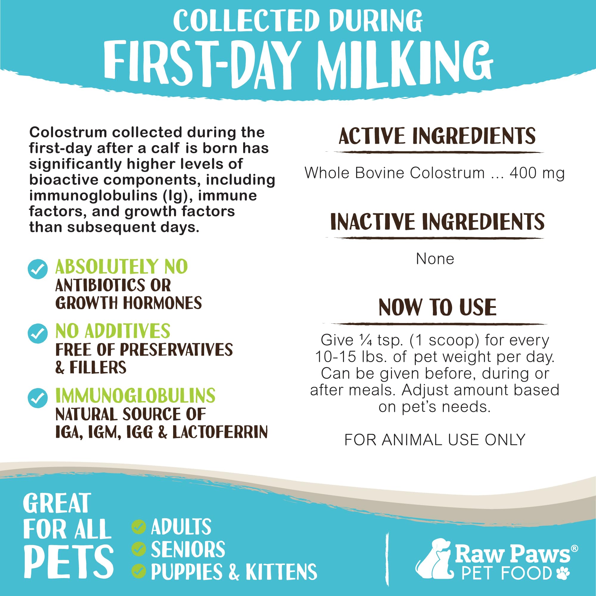 Raw Paws Colostro bovino se disuelve en agua para mascotas