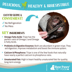 Raw Paws palitos de tripa cordero verde, ingrediente único para perros sensibles.