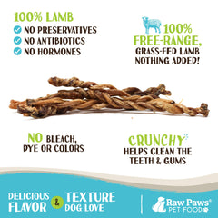 Raw Paws Lamb Pizzle Twists con empaque natural y USA.