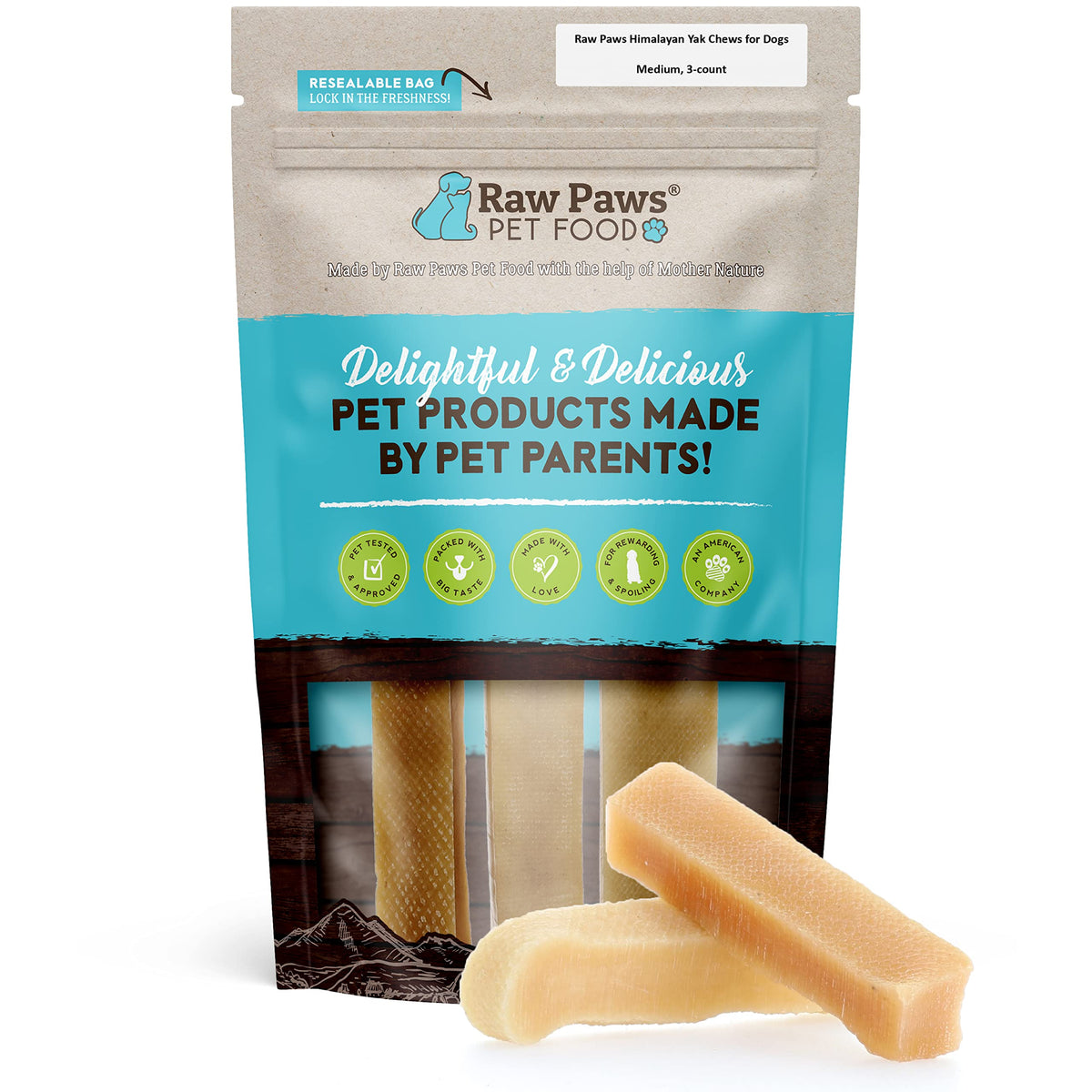 Raw Paws Yak chews para perros medianos, caja de 3 piezas, masticación prolongada