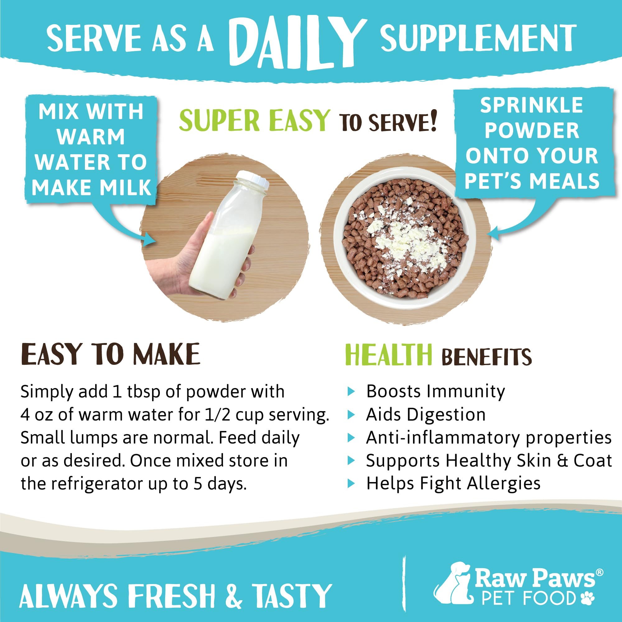 Raw Paws mezcla leche de cabra en agua para una bebida digestiva fácil