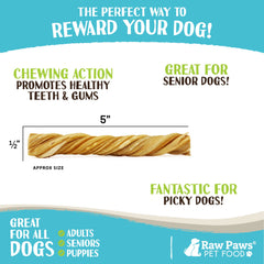 Raw Paws Paquete de cinco tiras de tripa de res para perros.
