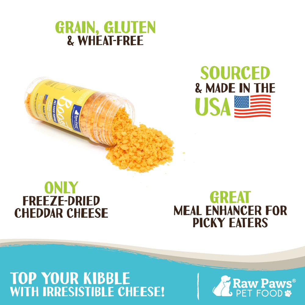 Raw Paws queso cheddar deshidratado topper para perros en alimentación diaria