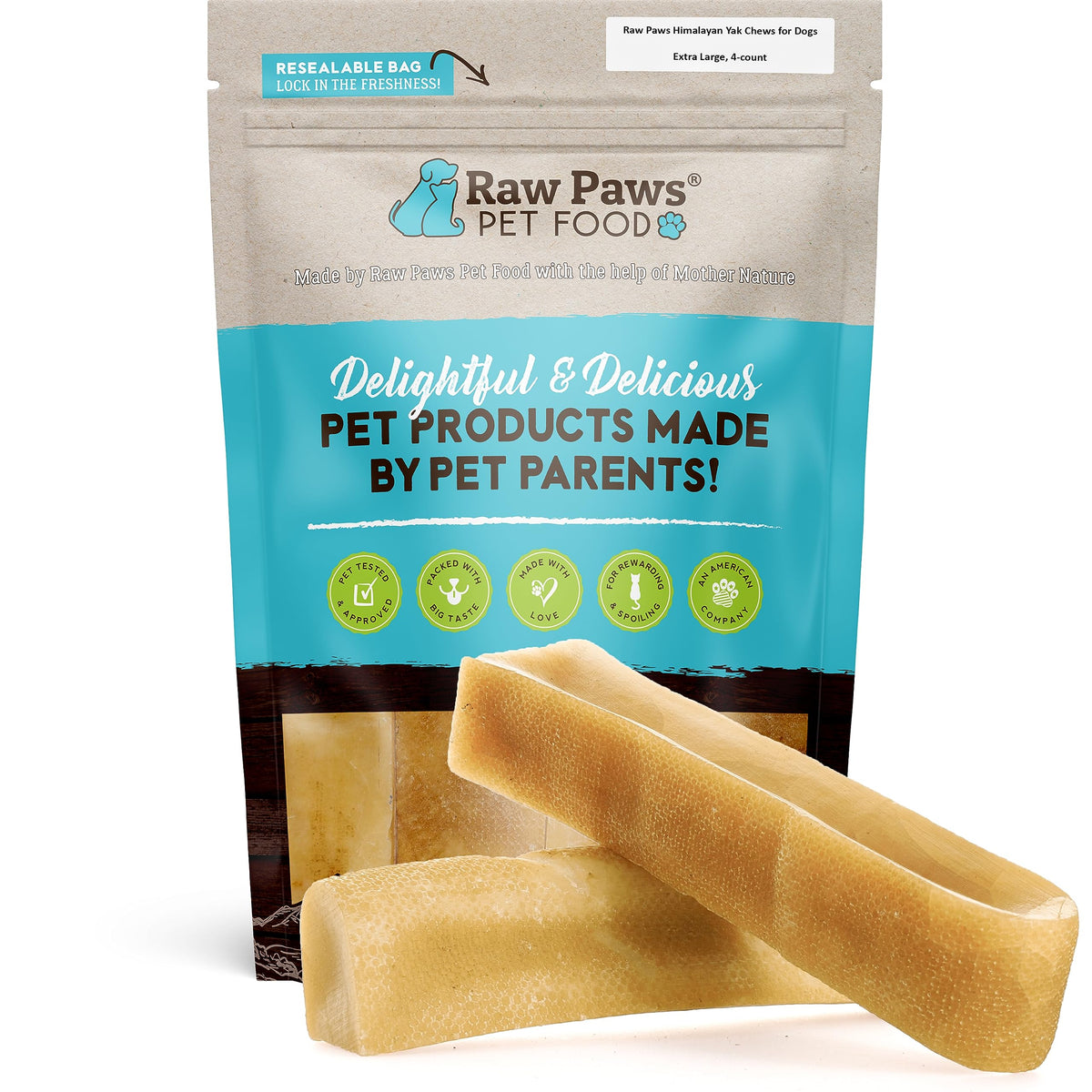 Raw Paws Yak Chews extralargo, empaque de 4 piezas para perros grandes.
