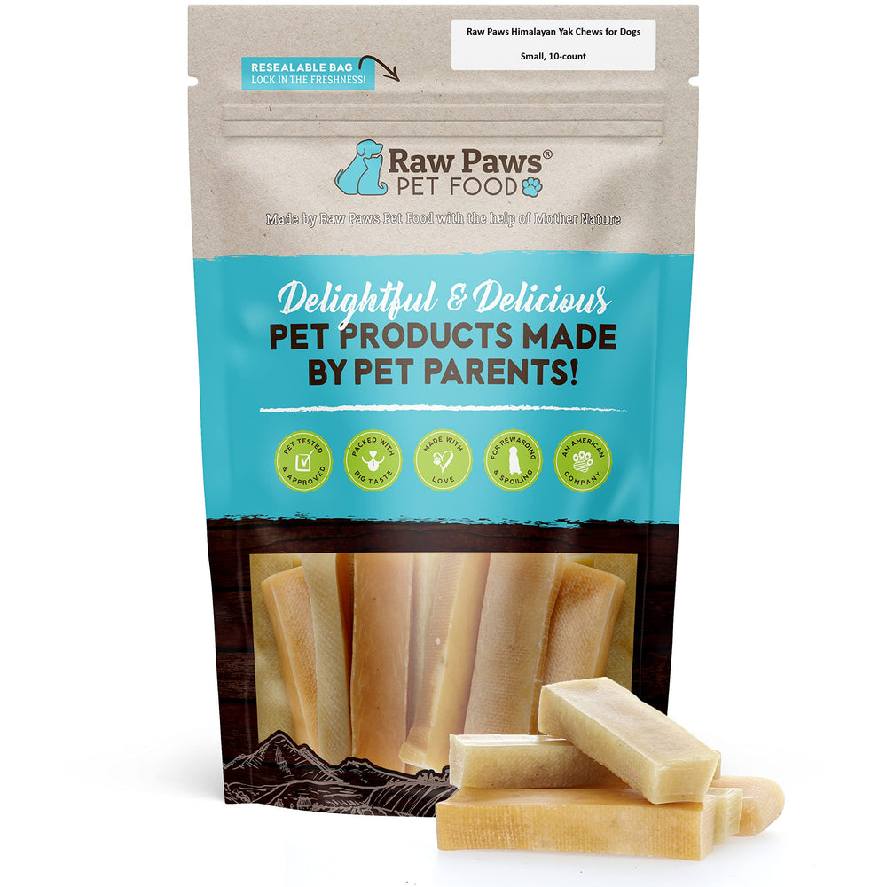 Raw Paws masticables de yak para perros pequeños en envase, ideal para sesiones de juego