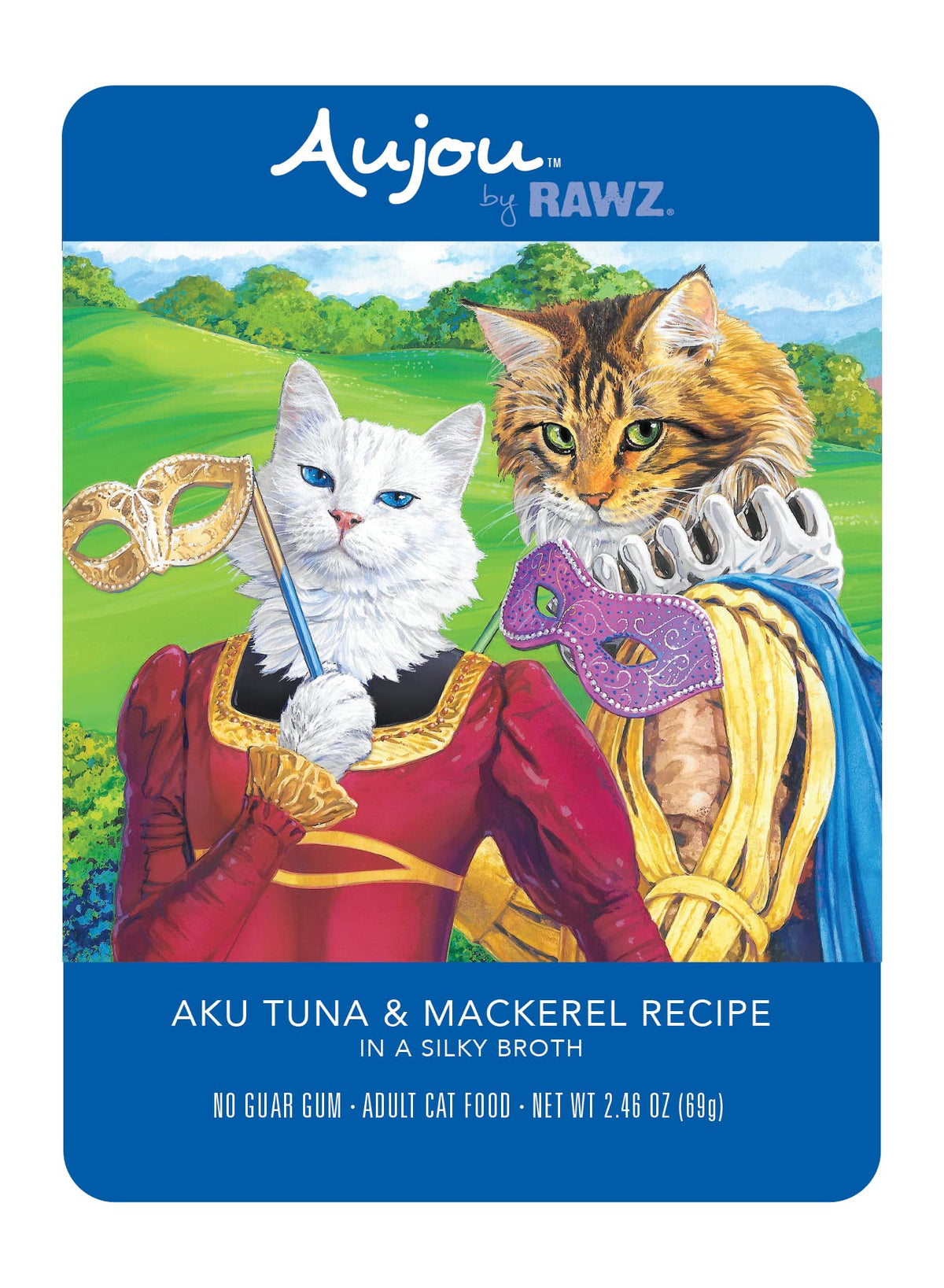 Rawz Aujou bolsitas de atún y caballa frente al envase, proteína sabrosa para gatos