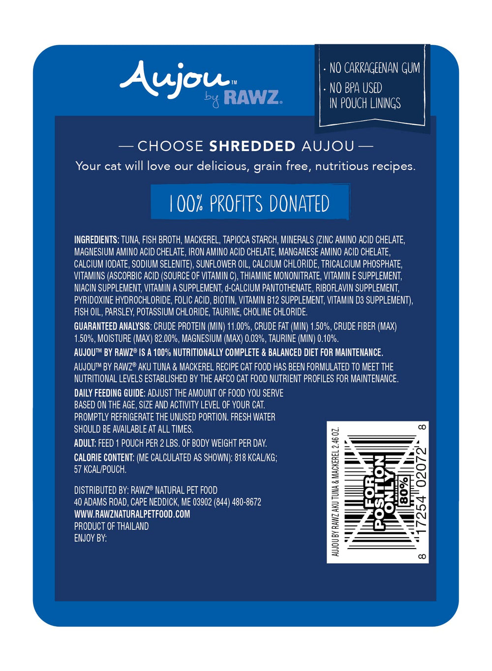 Rawz Aujou trozos de atún en bolsitas, sabor delicioso para gatos