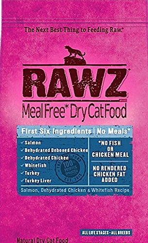 Rawz alimento para gato deshidratado con salmón, pollo y pescado blanco, ideal para dieta nutritiva.