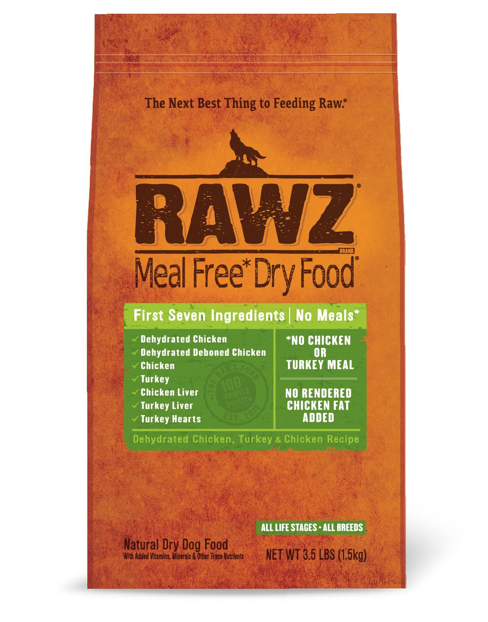Rawz alimento seco para perro en empaque 3-5 lb, fácil de almacenar.