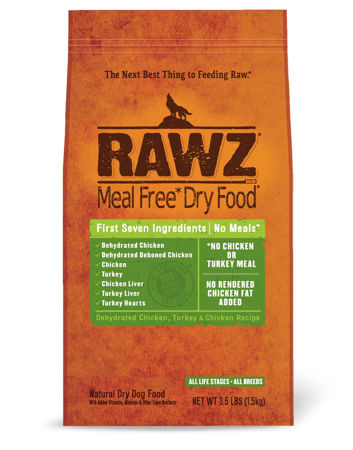 Rawz alimento seco para perro en empaque 3-5 lb, fácil de almacenar.