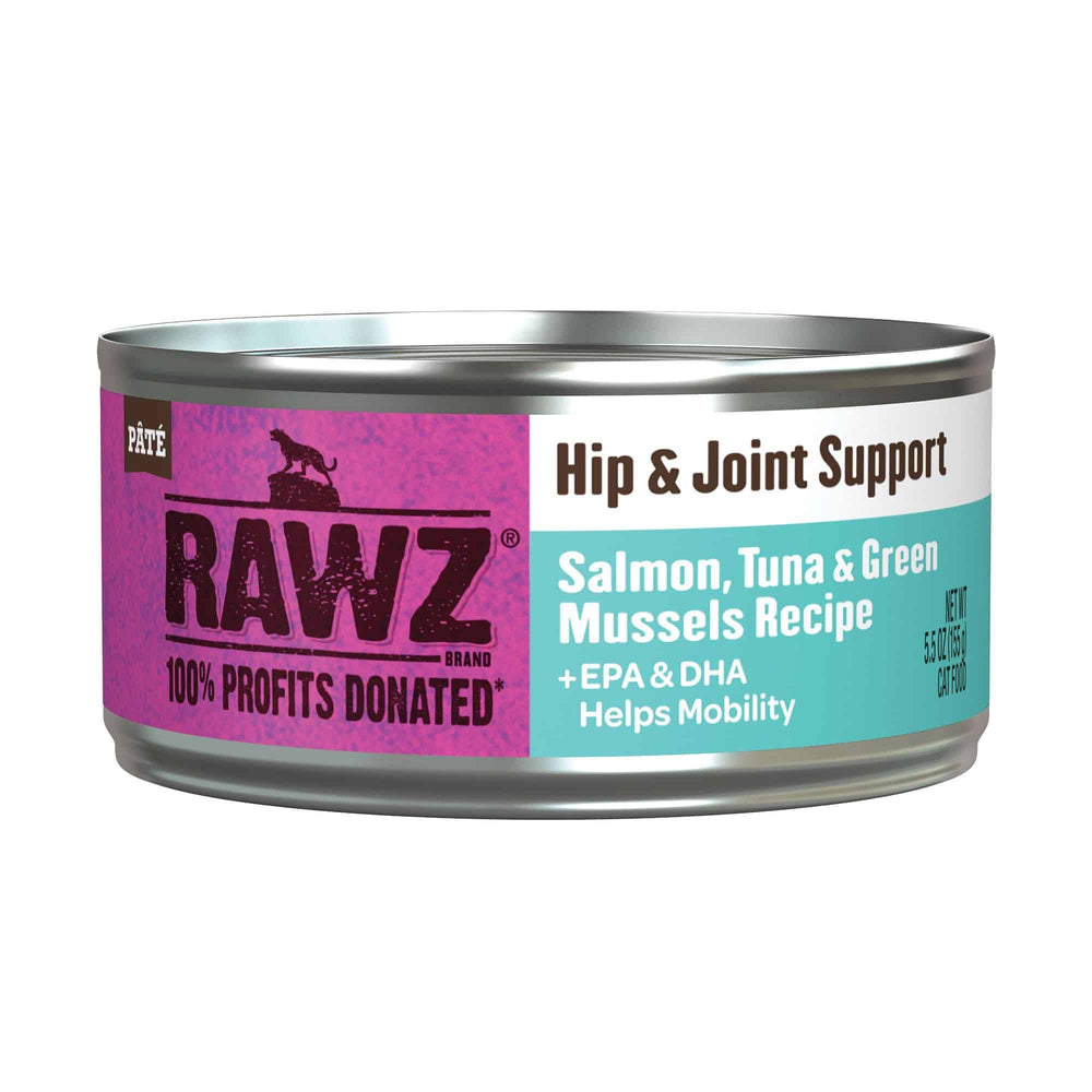 Lata Rawz Hip & Joint con salmón y atún para movilidad felina.
