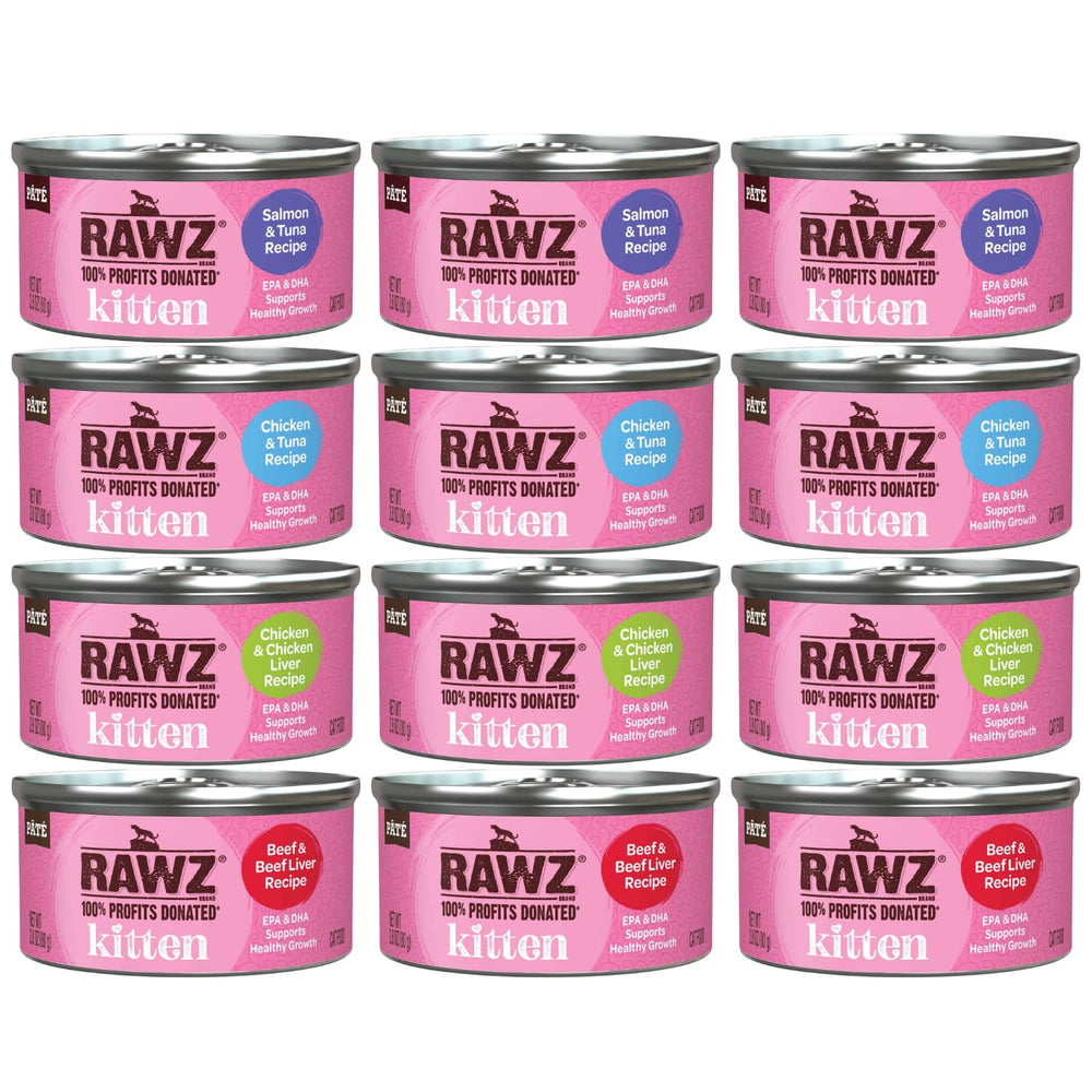 Rawz paté para gatitos con salmón en lata, alto contenido proteico.