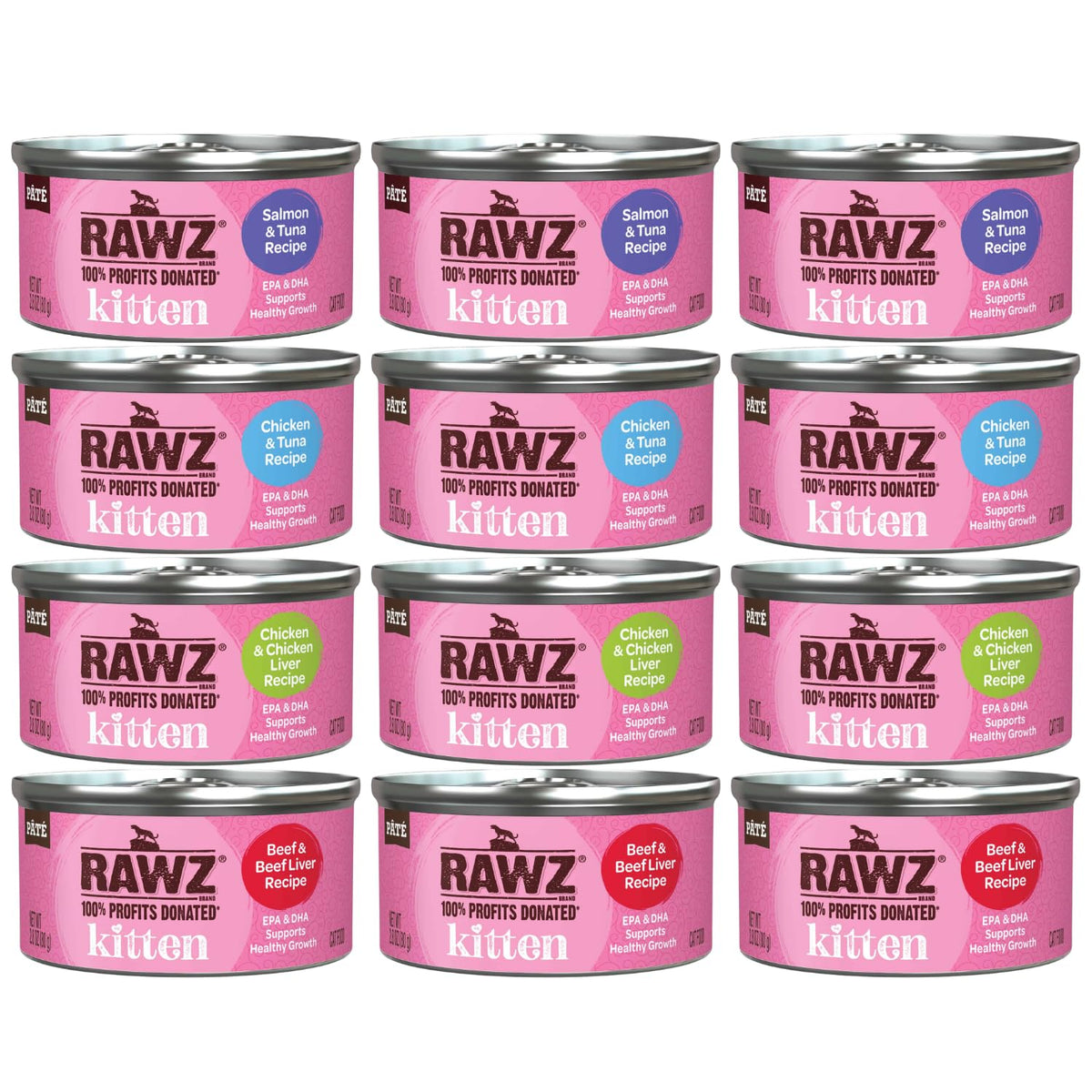 Rawz paté para gatitos con salmón en lata, alto contenido proteico.