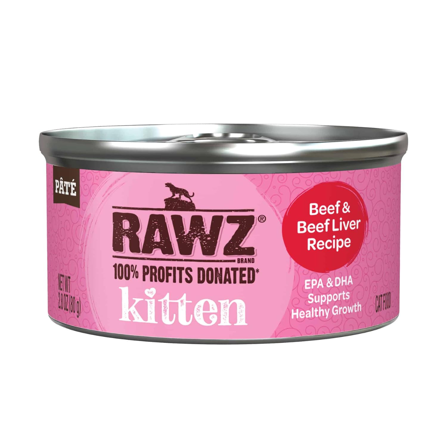 Lata abierta Rawz mostrando paté suave ideal para gatitos.