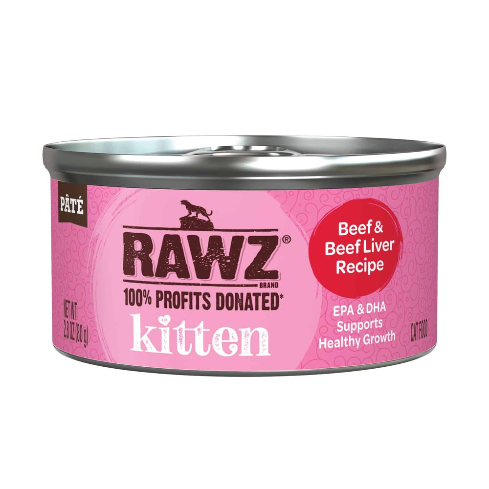 Lata abierta Rawz mostrando paté suave ideal para gatitos.