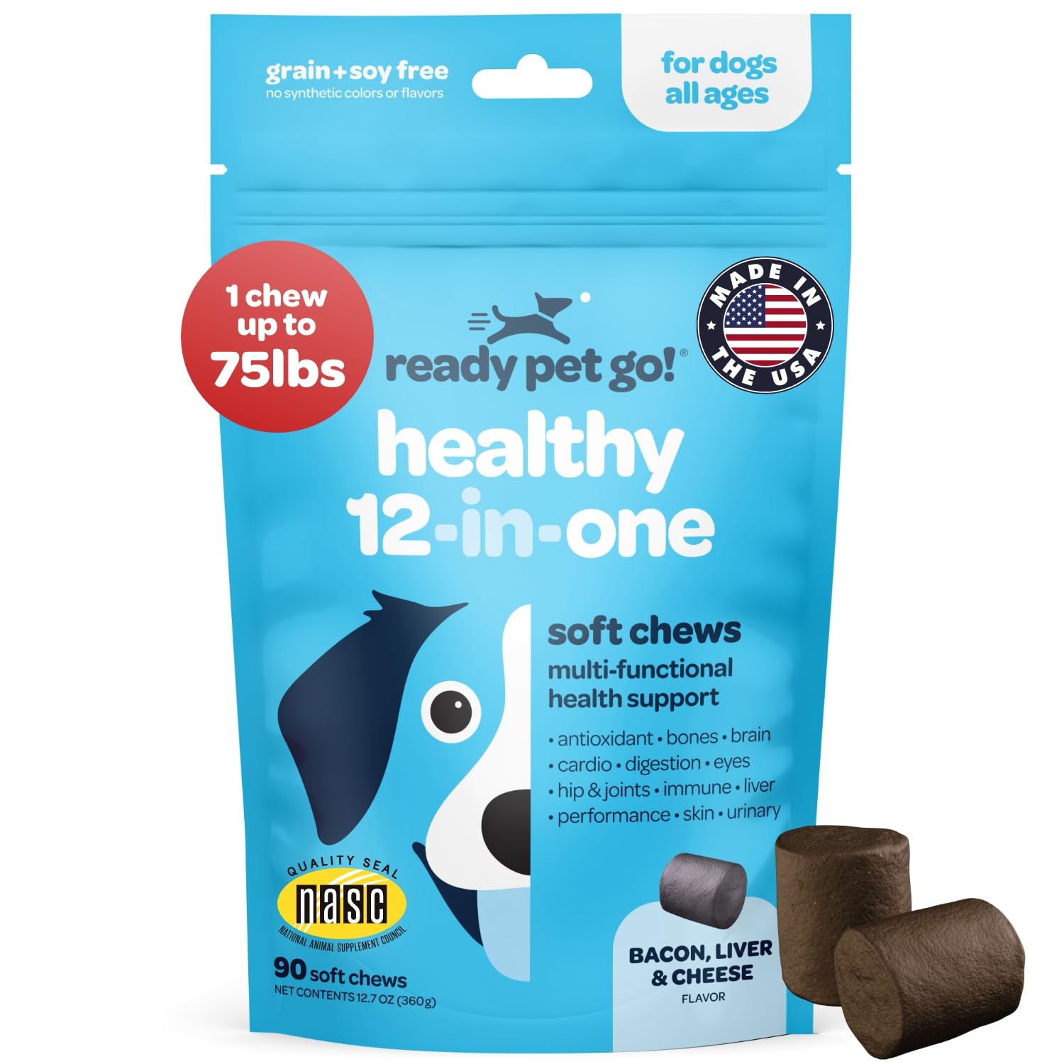 Ready Pet Go 12-en-1 multivitamínico para perros, envase de tabletas masticables para apoyo general
