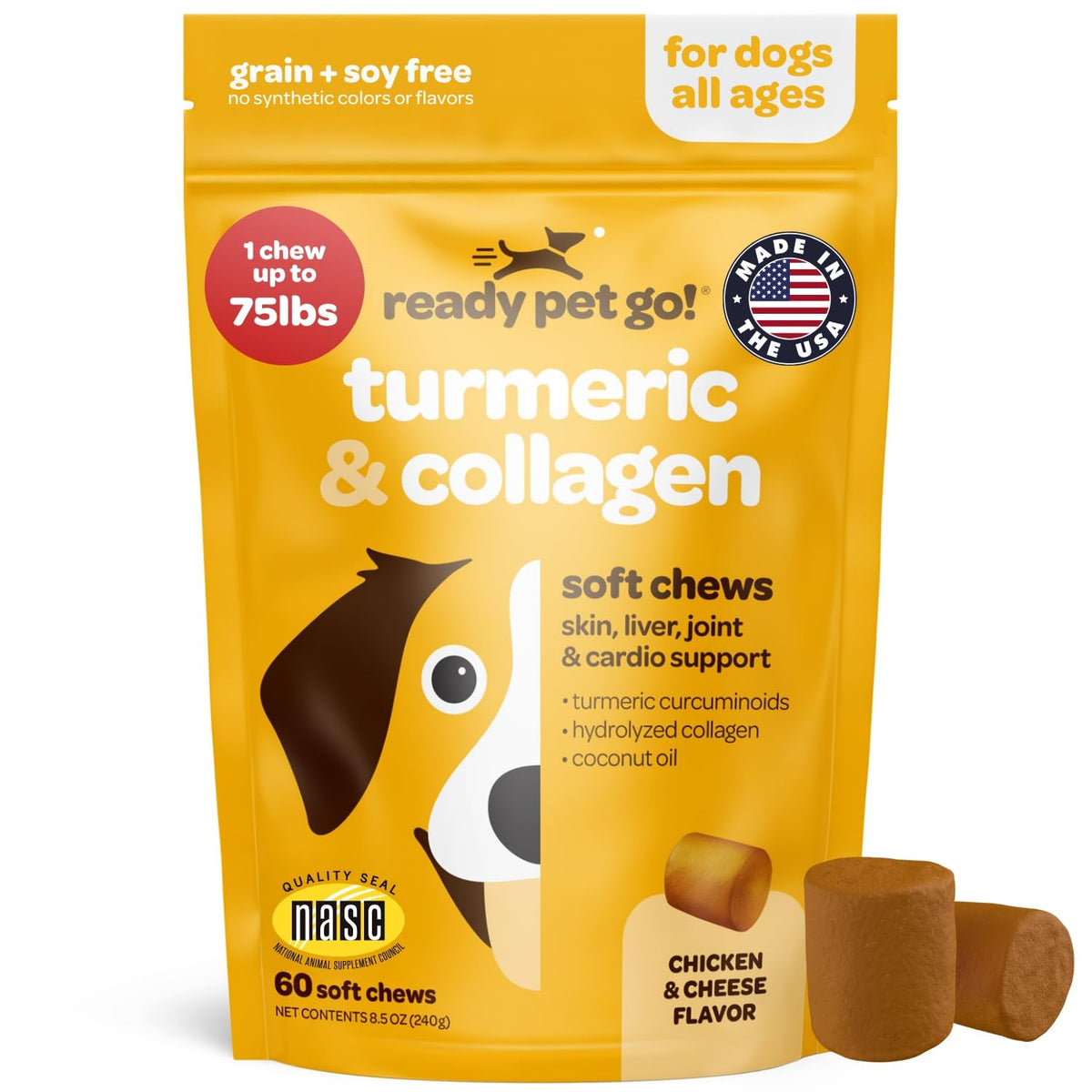 Masticables Ready Pet Go de cúrcuma para perros, botella destacada para movilidad.