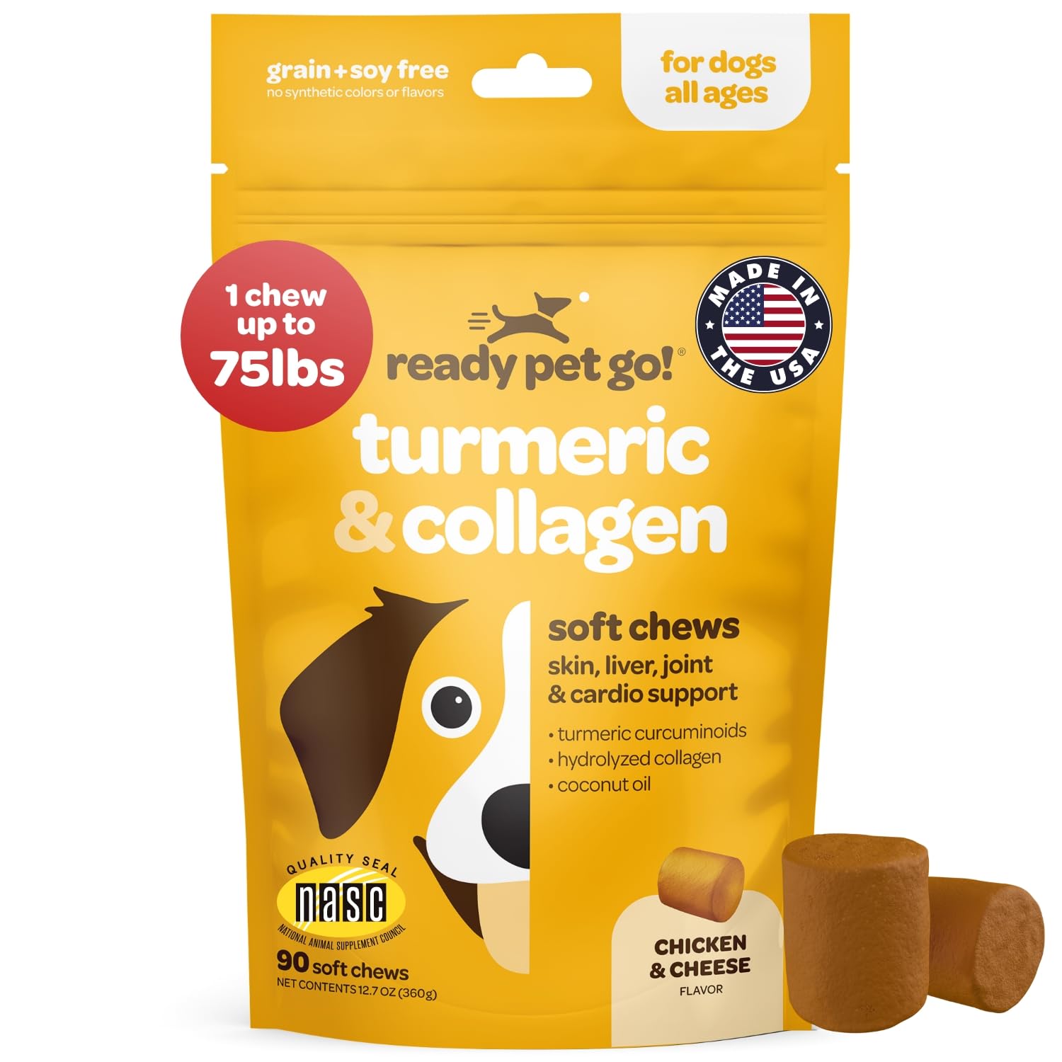 Ready Pet Go, cúrcuma para perros, masticables suaves para apoyo articular.