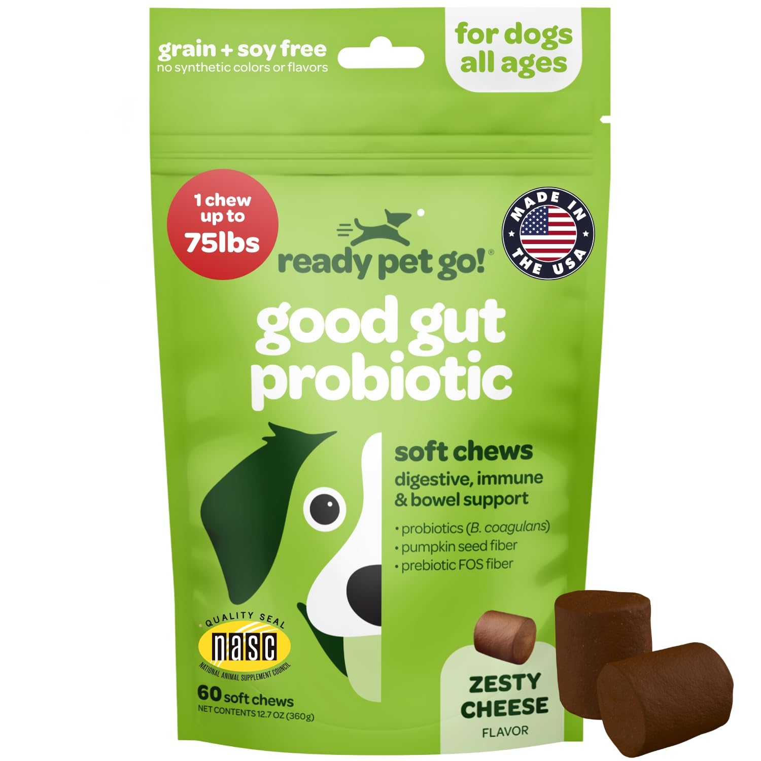Gomitas probióticas Ready Pet Go en bote para perros, apoyo digestivo suave
