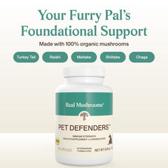 Real Mushrooms Pet Defenders con krill, mezcla de hongos orgánicos para perros y gatos.