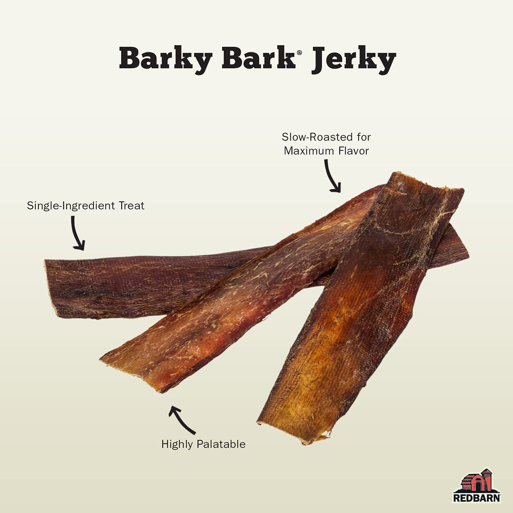 Redbarn Barky Bark jerky de res, textura crujiente para perros activos.