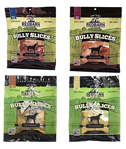 Redbarn Bully Slices para perros en empaque variedad 4x9 oz, ideal como premio.