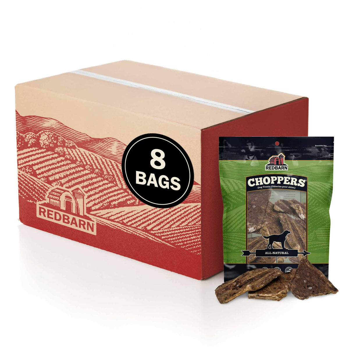 Redbarn Choppers empaque de 8 bolsas, snack natural para perros activos.