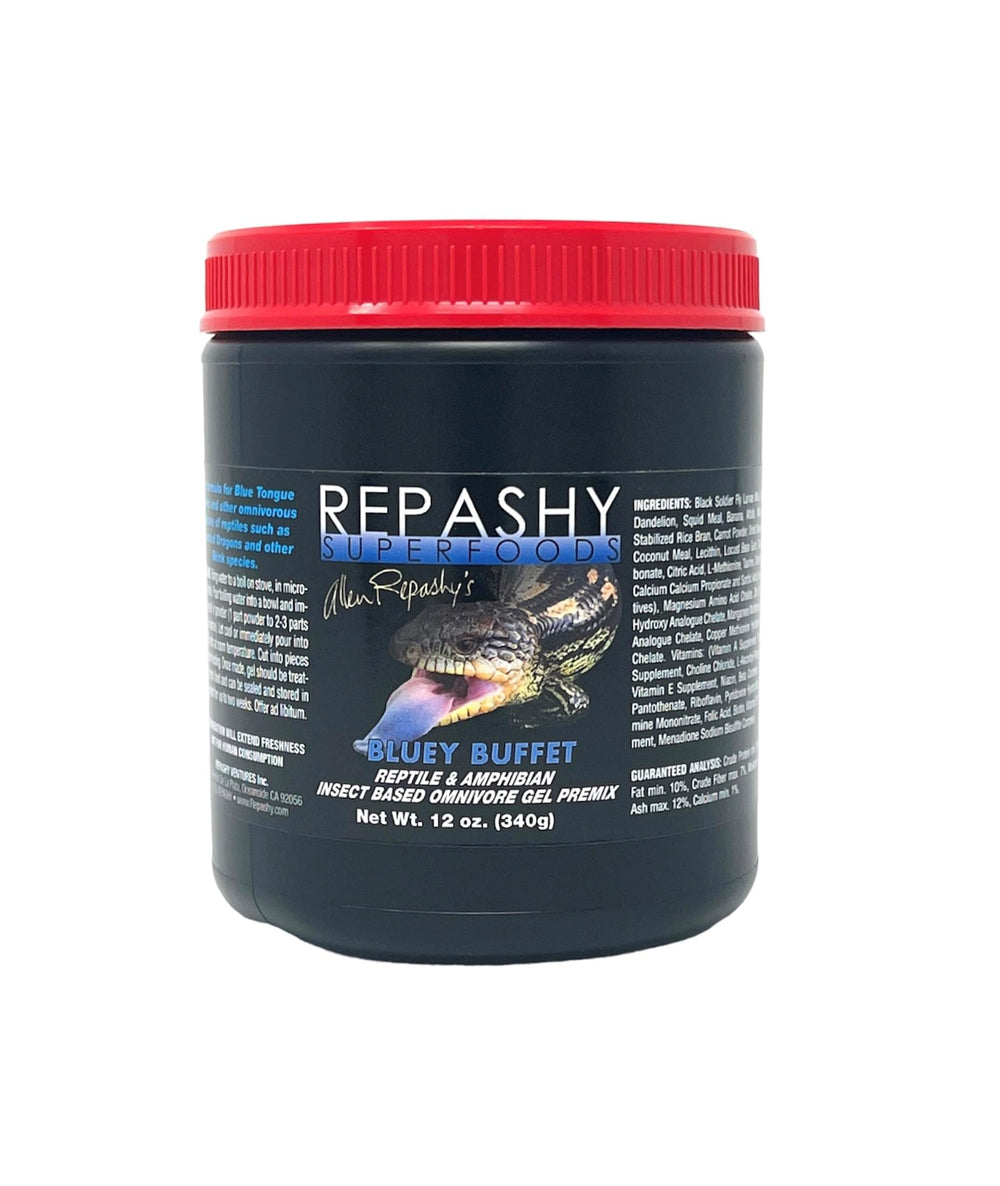 Repashy Bluey Buffet frasco de 340 g, dieta completa para lagartos omnívoros.
