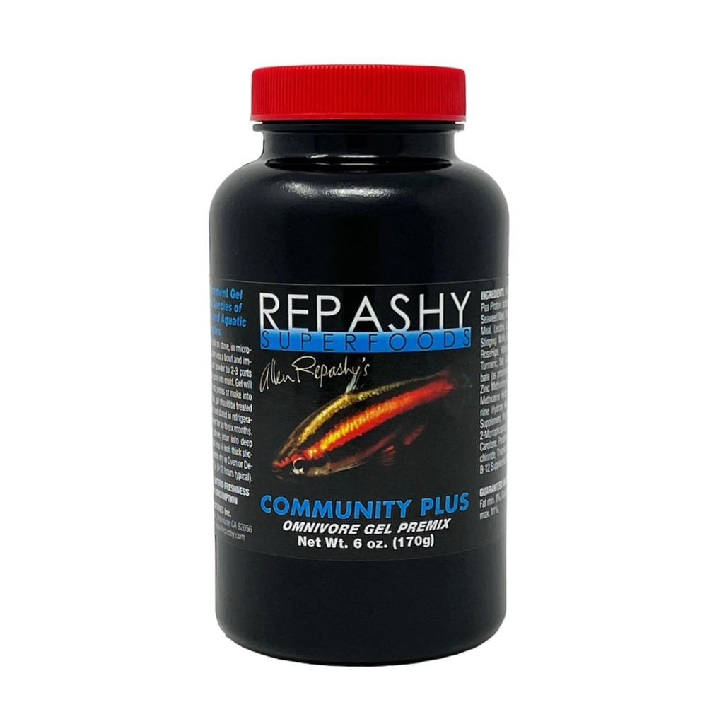 Repashy Community Plus tarro: gel alimenticio para peces omnívoros de agua dulce, opción lista para servir.