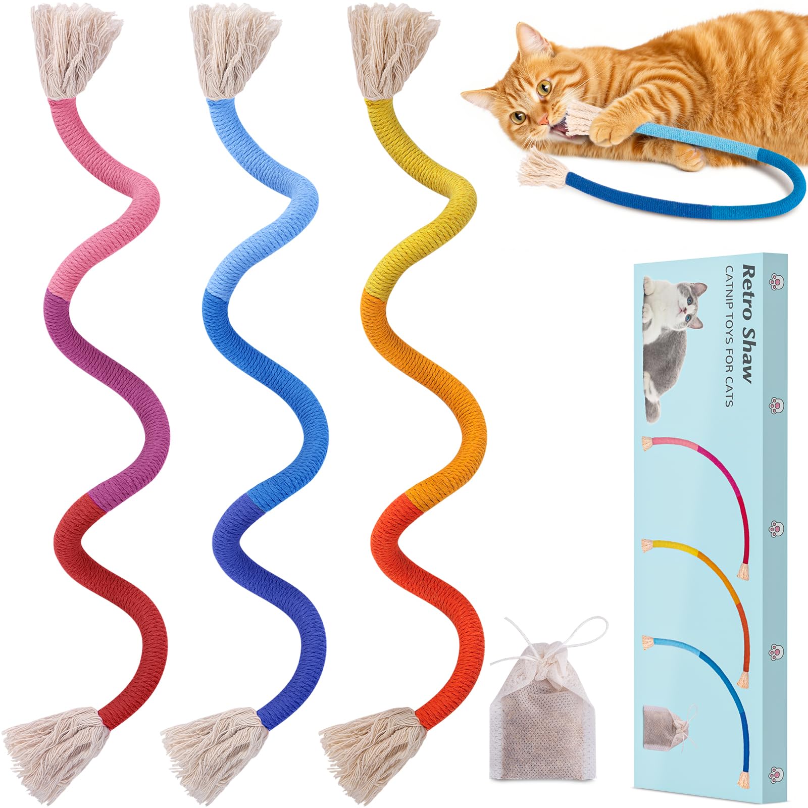 Retro Shaw cuerda masticable para gatos con hierba gatera, juego activo.