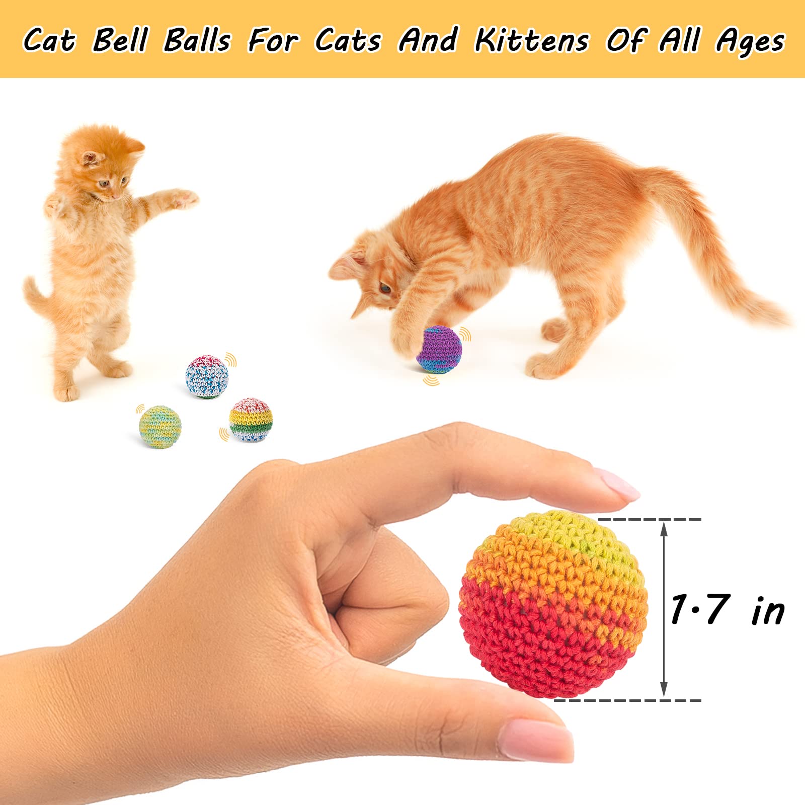 Paquete de seis pelotas de lana con campana para gatos curiosos.
